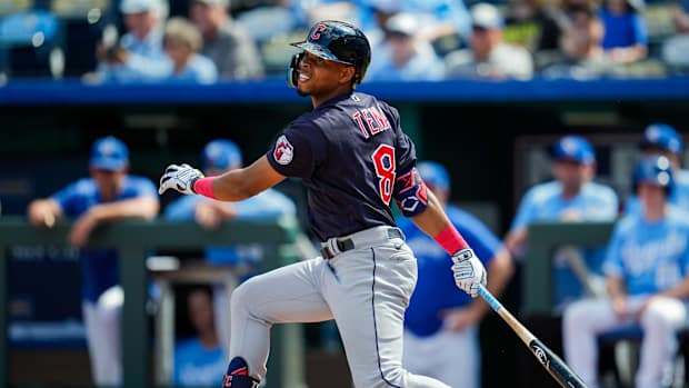 Sep 20, 2023; Kansas City, Missouri, USA; Cleveland Guardians shortstop Jose Tena (8) bats during the fourth inning against the Kansas City Royals at Kauffman Stadium.